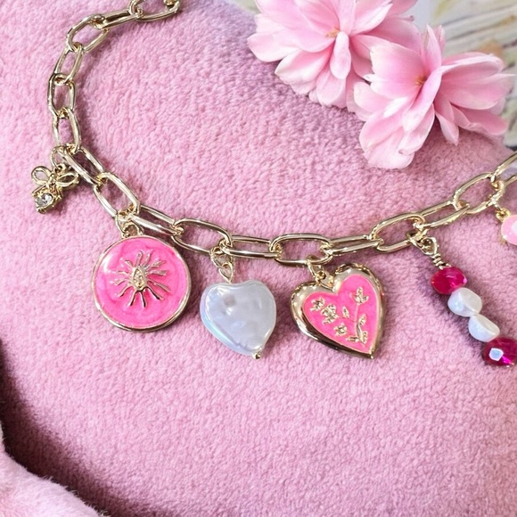 Pink and gold charm necklace Girly and Cute Coquette girl aesthetics Adorable - Picture 6 of 17